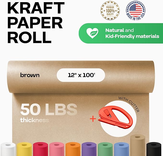 Brown Kraft Paper Roll 12" x 1200" (100 feet) with Cutter - USA-Made Wrapping Paper for Packing, Moving, Shipping & Crafts/Arts - 100% Recyclable Natural Craft Material by IDL Packaging