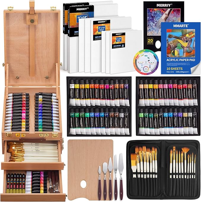 MERRIY 80-Piece Acrylic Paint Set, Artist Painting Supplies Kit with Tabletop Sketch Box Easel, 48 Colors Acrylic Paints,11"x 14"Stretched Canvas &More, Premium Acrylic Painting Set for Adults