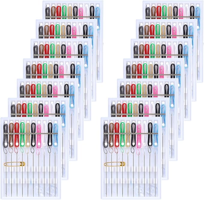 MTLEE 14 Boxes 140 Pieces Mini Quick Fix Sewing Kit Easy Pre Threaded Needle Basic Personal Kit Plastic Threaded Needle Holder Small Home Travel Sewing Box with Pin Button, Assorted Colors