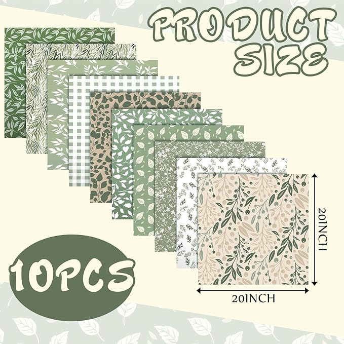 Hahafelt 10 Pcs Sage Green Quilting Fabric Bundle 20 x 20 Inch Vintage Green Floral Quarter Fat Square Fabric by The Yard Precuts Patchwork for Spring Baby Shower DIY Sewing Craft Supplies