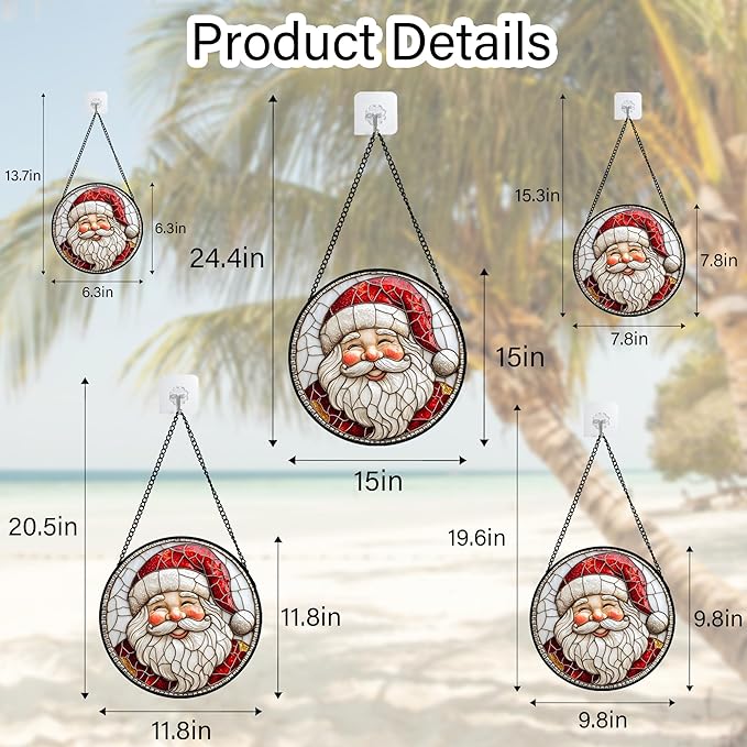 Stained Glass Window Hanging - Red White Santa Claus Suncatcher for Doors Home Christmas Decoration Winter Sun Catcher Thanksgiving New Year Birthday Gifts for Women Men Mom Nana Girl 7.8 in