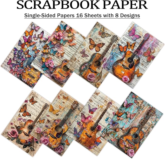 Scrapbook Paper,16 Sheets 4.1x5.8 Inch Guitar Butterfly Style Scrapbook Paper,Single-Sided Vibrant Origami Decoupage Papers for Diy Crafts, Card Making, Art Journaling