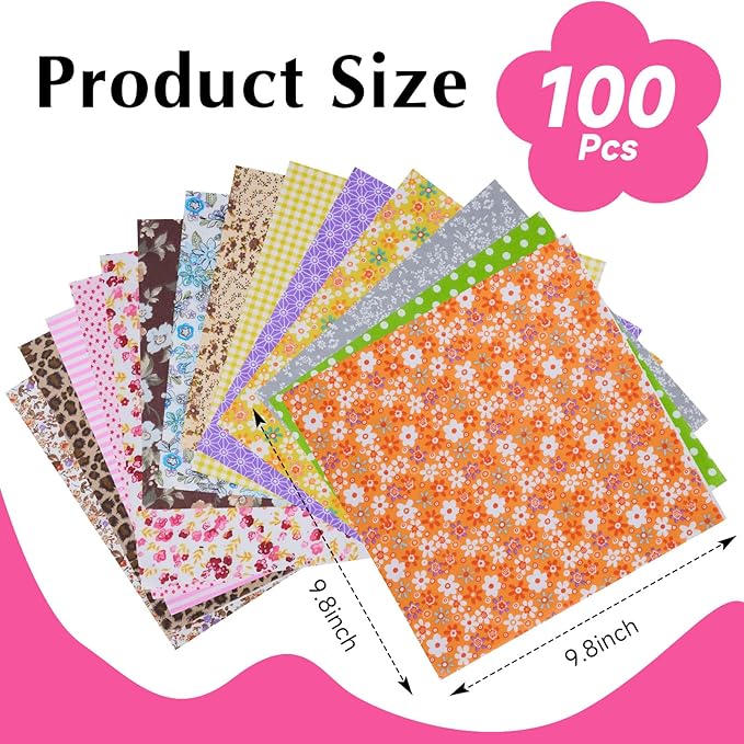 100pcs Cotton Fabric Squares – 9.8" x 9.8" Fabric Bundles for Sewing and Crafts, 100% Cotton Patchwork for DIY Projects, Multicolor