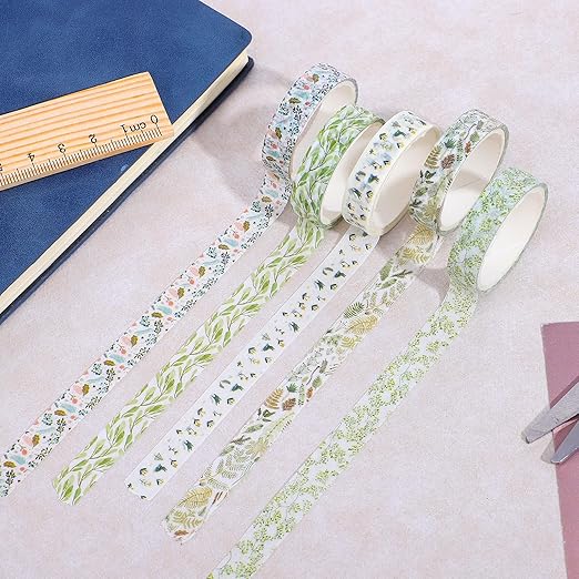 5 Rolls Cute Washi Tape, Green Floral Tape Creative Greens Thrive Decorative Tapes Skinny Slim Masking Tapes for Arts, DIY Crafts, Bullet Journals, Planners, Scrapbooking, Wrapping