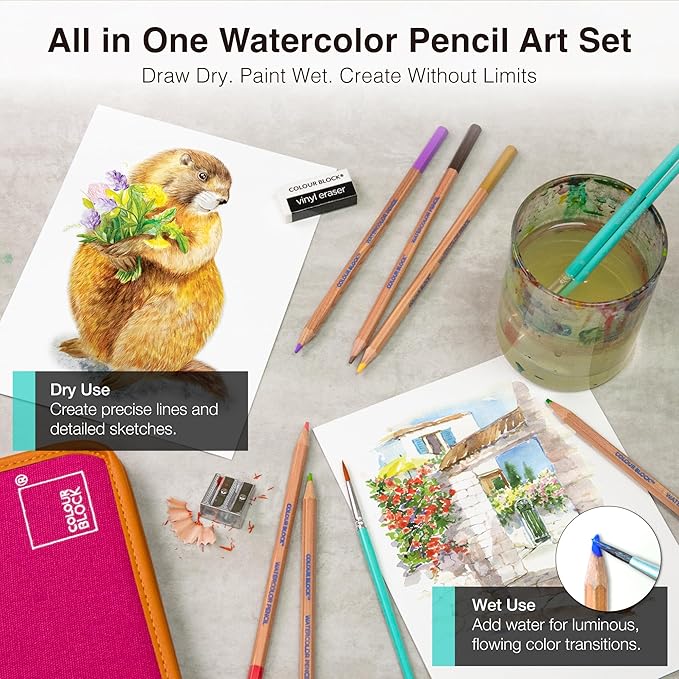 COLOUR BLOCK Watercolor Pencil Travel Art Set I 34pc Professional Drawing Kit, 50Sheets Drawing Pad, Paint Brushes I Vibrant Pigments for Coloring, Blending