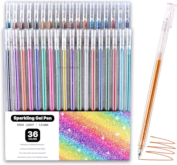 36 Colors Glitter Gel Pens for Art Supplies, Vibrant Sparkle Metallic Ink with Shimmer Effect, Fine Point Capped Set for Coloring Books, Drawing, Journaling, Note Taking and Scrapbooking