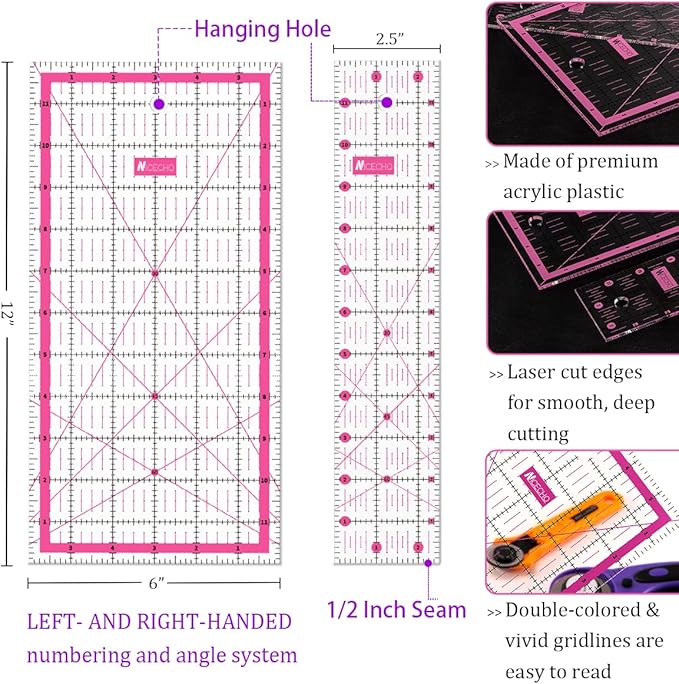 Rotary Cutter Set,Nicecho Sewing Quilting Supplies,45mm & 28 mm Fabric Cutters,8 Rotary Cutter Blades,A3 Cutting Mat for Sewing,6x12 & 2.5x12 In Quilting Rulers,Ideal Quilt kits for Lovers & Beginners