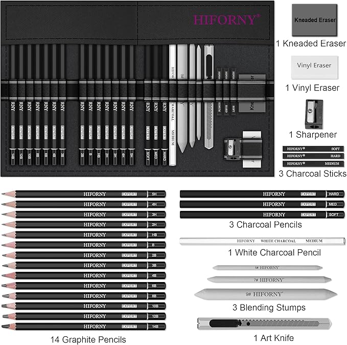 HIFORNY 28 PCS Sketching Drawing Pencil Set,Sketch Pencils Art Supplies with Graphite,Charcoal,Blending Tools,Accessories,Drawing Kit for Adults Artists in Canvas Roll Up Case