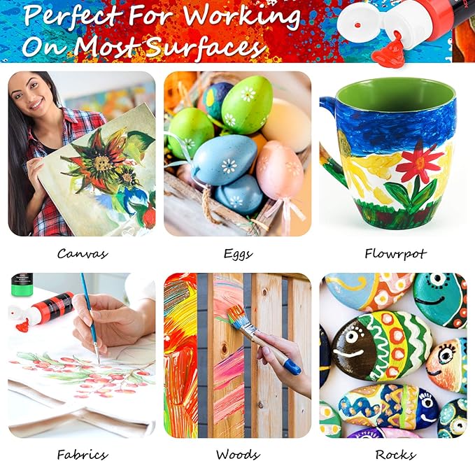 Caliart Acrylic Paint Set With 12 Brushes, 24 Colors (120ml, 4oz) Art Craft Paints for Adults Artists Beginners Painters, Canvas Ceramic Wood Rock Painting Art Supplies Kit