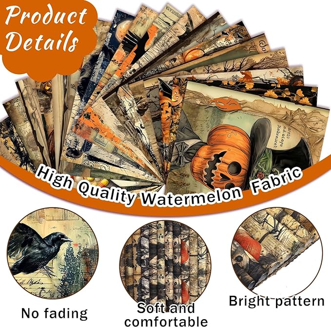 HunnmingRe 20 Pcs 10''x10'' Vintage Halloween Quilting Fabric Square Spooky Gothic Quiltted Fabric Bundle Pumpkin Skull Cat Precuts Printed Patchwork Supplies for Holiday DIY Sewing Craft