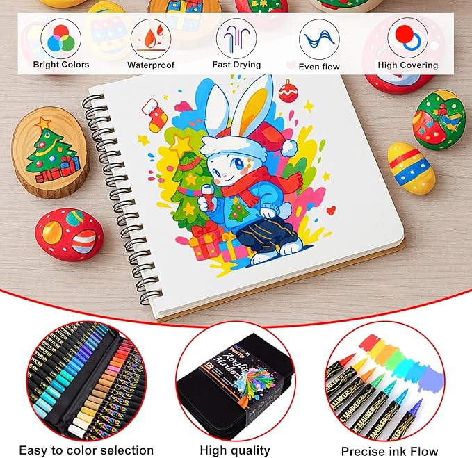 Betem Paint Markers Acrylic Paint Pens, Dual Tip 120 Colors Acrylic Markers with Brush Tip and Fine Point, Art Supplies for Wood, Canvas, Glass, Rock Painting Kit DIY Crafts Drawing Kit with Bag