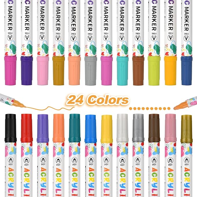24 Colors Acrylic Paint Pens, Dual Tip Acrylic Paint Markers for Paper, Wood, Canvas, Stone, Rock Painting, Glass, Fabric, DIY, Ceramic, Art Supplies for Adults Drawing (Dot + Fine)