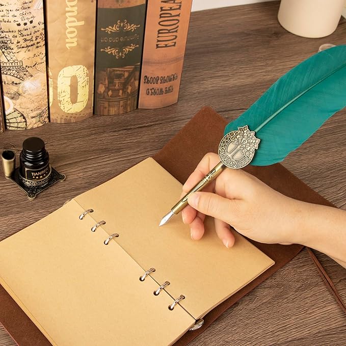Quill pen ink set,Feather Pen and Ink Set,Antique Calligraphy Pen with 4 Replaceable Nibs,2 Bottle of ink,Feather Dip Pen Holder Christmas Gift for Men&Women.(Green)
