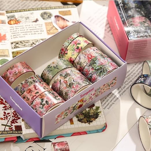 Floral Washi Tape Set - 15 Rolls Flowers Arts Adhesive Tapes Garden Blooms Decorative Masking Tape Sets for Craft, Kids, Scrapbook, DIY, Gift Wrloapping (6-Vintage Floral)