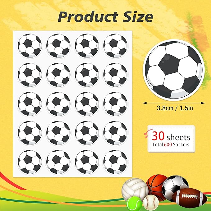 600 PCS Soccer Stickers for Kids, Soccer Ball Stickers Sport Balls Theme Decals Sticker for Crafts Scrapbooks Envelope Gifts Classroom Teacher Sports Birthday Party Decor, 1.5 Inch