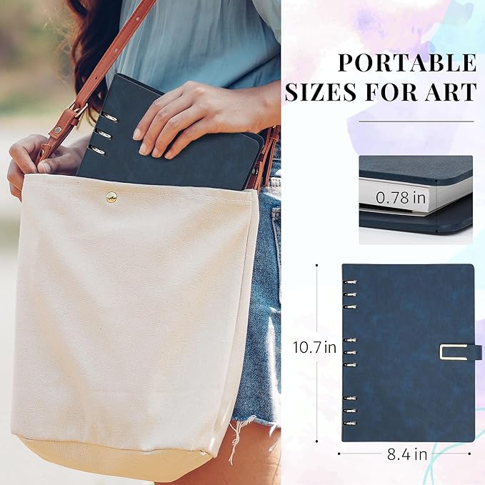 Vienrose 11" x 9" 3 Ring Watercolor Sketchbook, Faux Leather Cover Professional Art Journal with Detachable 24 Sheets 48 Pages, Ideal for Water Coloring, Sketching, Painting, Navy