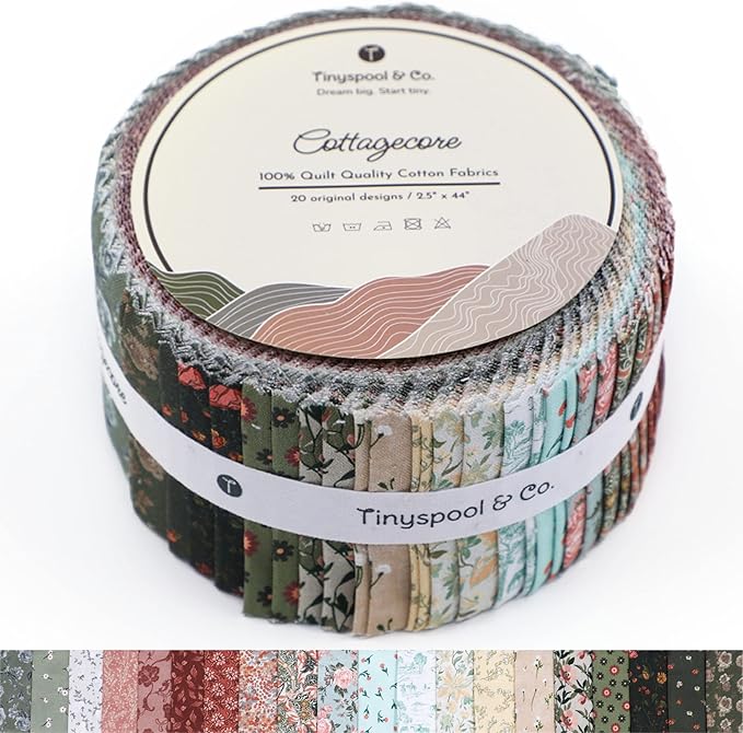 Tinyspool & Co. Jelly Roll Fabric Strips for Quilting, Crafting, and Sewing, 40 Strip Assorted Bundle, Soft Cotton for Blanket, Rug, Upholstery, Home Decor, and Purse Making, Cottagecore