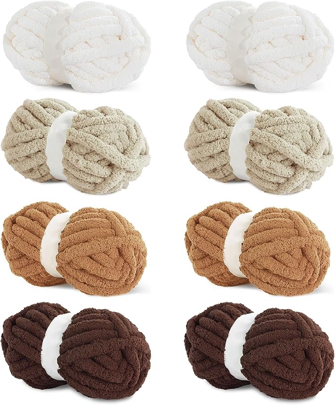 HOMBYS 8 Pack Assorted Chunky Yarn for Crocheting,Super Bulky Large Soft Fluffy Plush Fuzzy Yarn,Thick Chenille Yarn for Hand & Arm Knitting,Khaki Gradient(27yds,8 oz Per Skein)