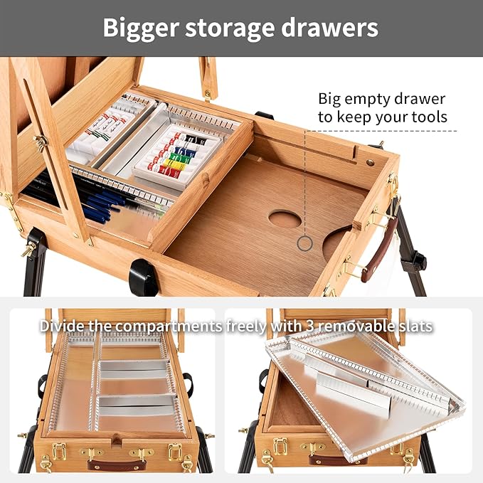 Falling in Art 4 Legs Beechwood French Easel - Portable Plein Air Studio Easel Stand with Bigger Storage Drawer, Full Size Sketchbox Travel Easel for Painting, Drawing, Artwork Display, Natural