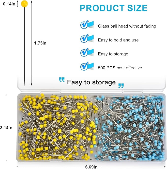 500PCS Straight Pins, Glass Head Sewing Pins, 1.75IN Corsage Pin, Quilting Pins for Fabric, Wedding Bouquets, Jewelry DIY Decoration, Sewing Pin Crafts