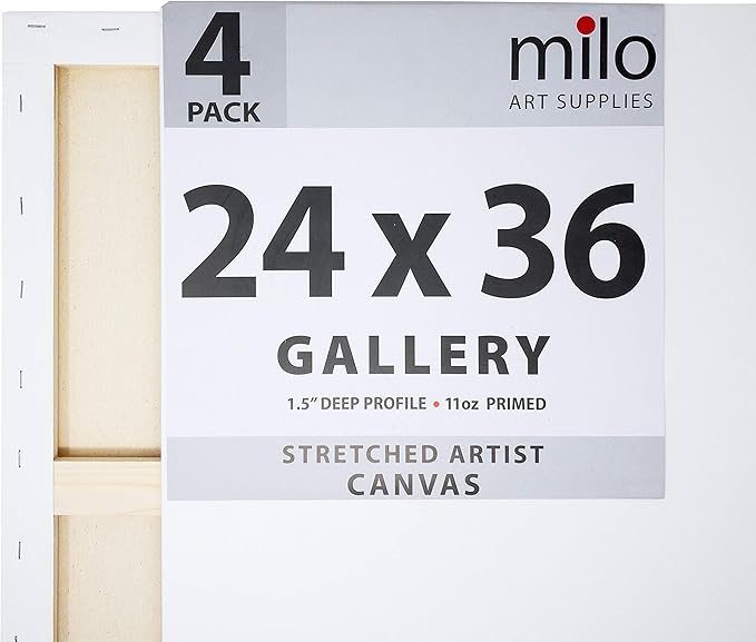milo Stretched Artist Canvas | 24x36 inches | 4 Pack | 1.5” inch Thick Gallery Profile | 11 oz Primed Large Canvases for Painting, Ready to Paint Art Supplies for Acrylic, Oil