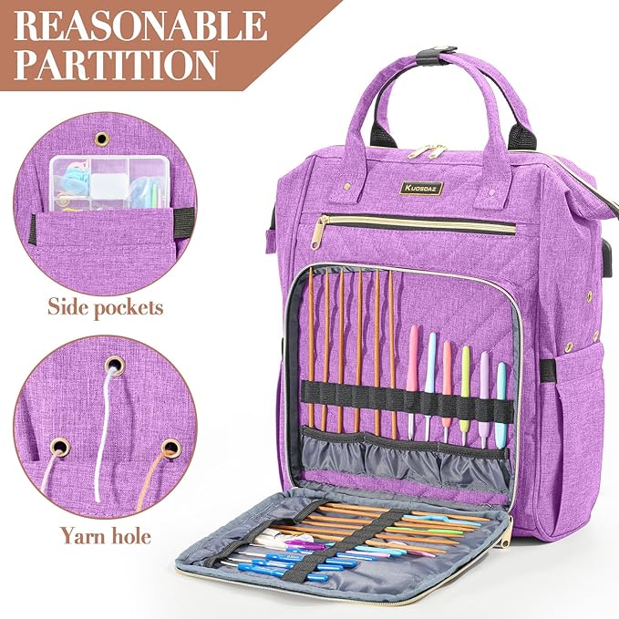 Knitting Bag Backpack, Crochet Bag Tote, Yarn Organizer with USB Charging Port, Christmas Gifts Large Travel Knit Storage Tote for Crochet Hooks, Knitting Needles, Yarn Supplies, Purple