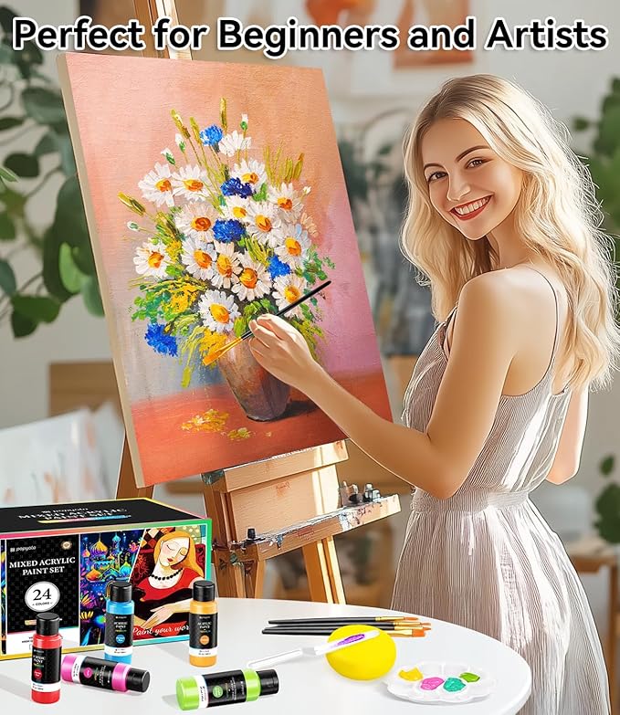 40 PCS Classic & Glow in the Dark Acrylic Paint Set with 12 Brushes, 2 Knives & Palette, 24 Colors Art Craft Paint for Beginners, Canvas Ceramic Rocks Wood Painting Kit Art Supplies