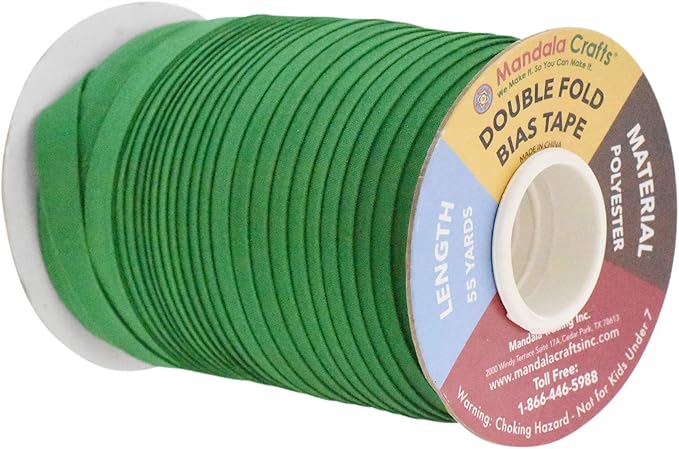 Mandala Crafts 55 Yards 1/2 Inch Green Double Fold Bias Tape for Sewing - Bias Binding Tape for Quilting Binding, Hemming, Seam, and Fabric Piping