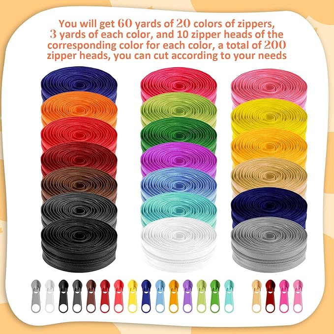 SHENLIU 20PCS 60 Yards #5 Nylon Coil Zippers Bulk, 20 Colors with 200 Matched Sliders, Cut-to-Length Sewing Zippers for DIY Crafts Bags Purses Clothes Making Supplies Kit