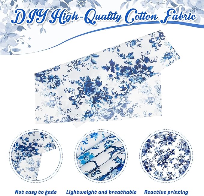 Tatuo 30 Pcs 10 x 10 Inches Blue and White Floral Cotton Fabric Quilting Bundle Squares Patchwork Floral Fabric Sewing Quilting Bundles Assorted Pattern Cloth for DIY Scrapbook Craft Making