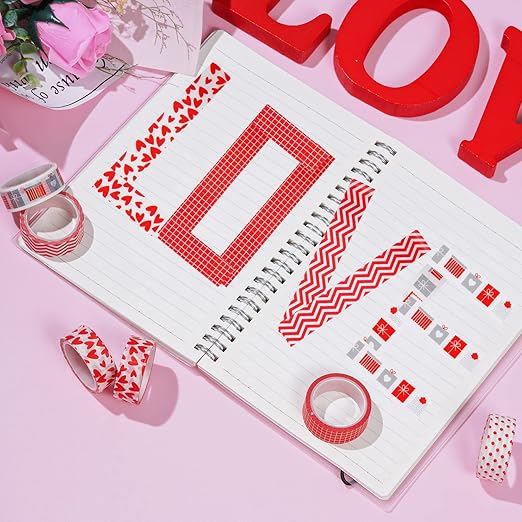choyaxo 6 Rolls Valentine's Day Washi Tape 0.6" x 16.4ft Love Heart Pattern Masking Tape Great for DIY Journal, Calendar, Gift Wrapping, Wedding