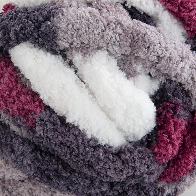 HOMBYS 8 Pack Giant Chunky Yarn for Crocheting and Knitting, Super Bulky Large Soft Fluffy Tie Dye Plush Fuzzy Mixed Color Thick Chenille Yarn (Wine Red, Grey, White)