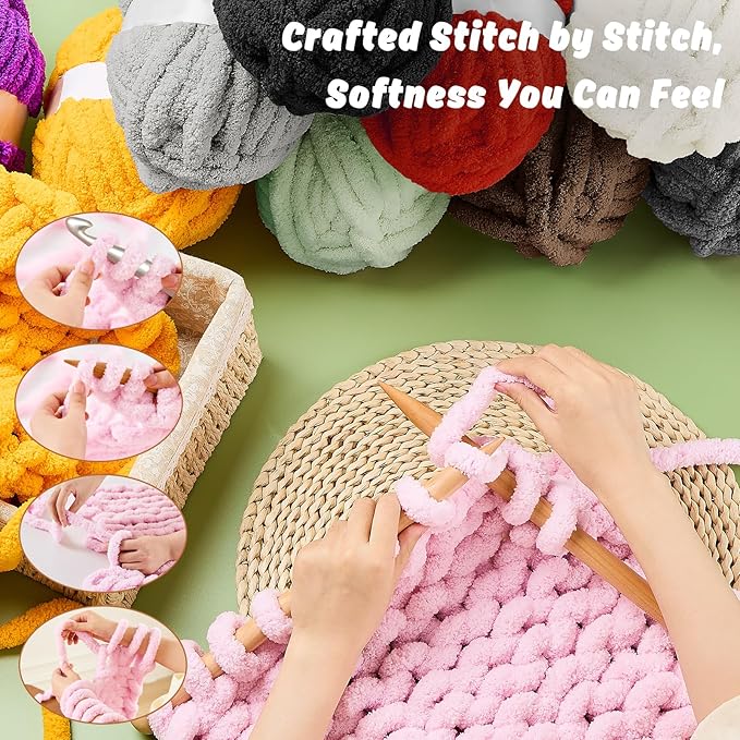inhand 8 Pack Chunky Chenille Yarn for Crocheting– 30.6 Yards, 7.7oz, Super Bulky, Soft Fluffy Plush Yarn for Hand or Arm Knitting– Ideal for Blankets, Crafts & DIY Projects (Light Pink)