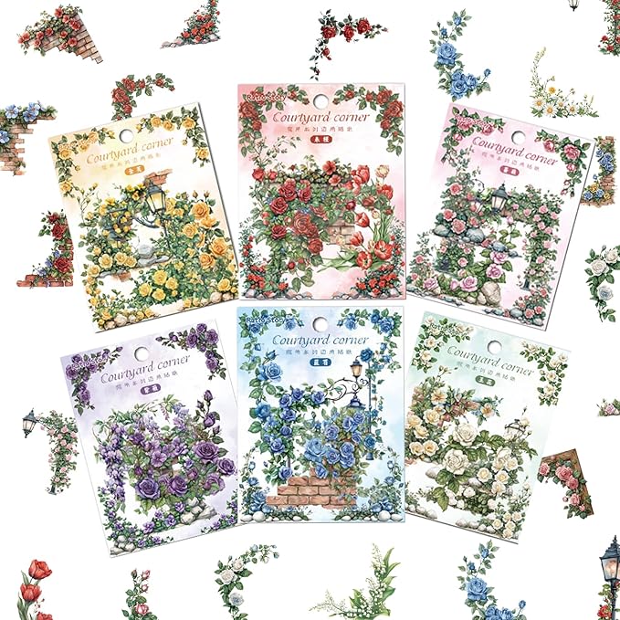 Courtyard Corner Set – 180 Vintage Floral Stickers for Junk Journal, Scrapbook Supplies, DIY Journaling, L-Shaped Decorative Labels