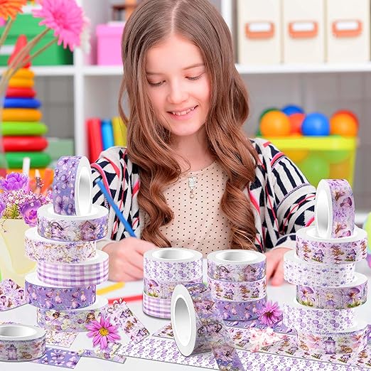 12 Rolls of Fairy Washi Tape, Purple Decorative Tape Masking Tape for Note Taking Supplies, Scrapbooking, DIY Crafts, Gift Wrap for Birthday Wedding Baby Shower Party Supplies