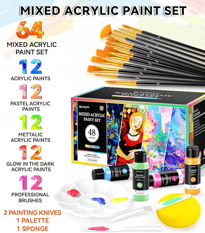 64 PCS Classic & Pastel & Metallic & Glow in the Dark Acrylic Paint Set with 12 Brushes, 2 Knives & Palette, 48 Colors Art Craft Paint for Beginners, Canvas Ceramic Rocks Wood Painting Kit Art Supplies