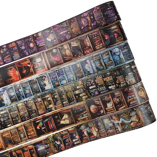 6 Rolls Dark Magic Bookcase PET Tape Set with Clip, Waterproof Gothic Scrapbook Sticker Rolls for Journaling, Bullet Diary, and Ephemera Craft Supplies