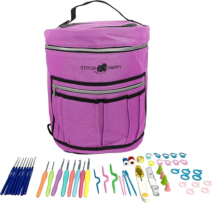 Designer Stitch Happy Crocheting Kit: 52 Piece Crochet Kit for Beginners & 7 Pocket Yarn Bag, Signature Yarn Storage - Lilac