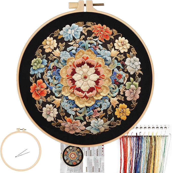 FONNUY Floral Embroidery Kit, Cross Stitch Kits for Beginners, Handmade Crafts with Printed Patterns for Beginner Adults, Easy to Follow Color Thread Needlework, 8'' Hoop (Wildfire of Blossoms)