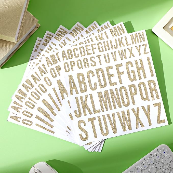 8 Sheet Glitter Letter Stickers Vinyl Alphabet Stickers Waterproof Self Adhesive Stick on Letters for Poster Bulletin Board Mailbox School Classrooms Decor(1 Inch, 2 Inch,Champagne Gold)