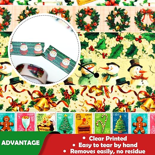 12 Rolls Christmas Washi Tape Set, Vintage Cartoon Xmas Decorative Tape Santa Holiday Retro Masking Tape for Journaling Supplies, Junk Journal, Scrapbooking, DIY Arts & Crafts, Gift Wrapping