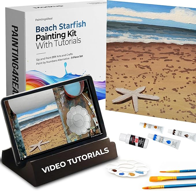 Painting4Real DIY Art Painting Kit for Adults – Learn to Paint Beach Starfish with Video Tutorials – 9 Pieces Acrylic Paint Set for Adults –Perfect Christmas Crafts & Holiday Gifts for Art Lovers