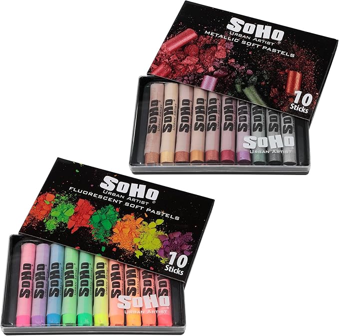 Soho Urban Artist Soft Pastel Sticks - Bundle of 10 Each Metallic and Fluorescent Colors for Artists - Drawing, Blending, Layering, Shading