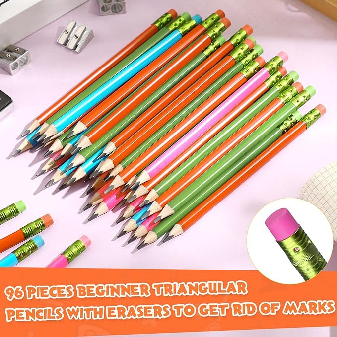 Fainne 102 Pcs Bulk Thick Jumbo Graphite Pencils Set 96 Fat Giant Large Pencils and 6 Sharpeners Enhanced Grip for Art Drafting Writing Drawing Office and Home Use(Colored,Triangle)