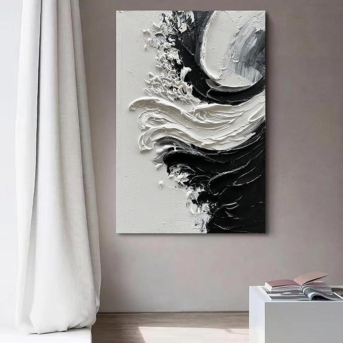 NANKAI Art Hand-Painted Thick Textured White and Black Minimalist Oil Painting Home Wall Art Deco 36x24 inches