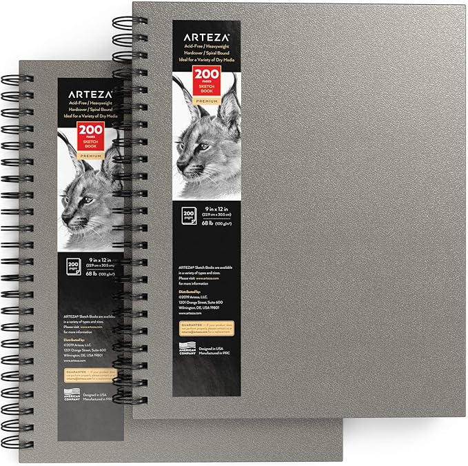 ARTEZA Spiral Sketch Book 9x12 Drawing Pad 2 Pack 100 Sheets Sketch Pads for Drawing for Adults & Teens