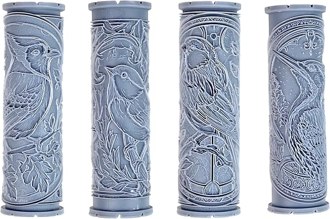 Songbird Collection 4-Pack Clay Texture Rollers (4") - Bird Set #02 - Embossing Pattern Rollers for Polymer & Ceramic Clay, Pottery & Crafts
