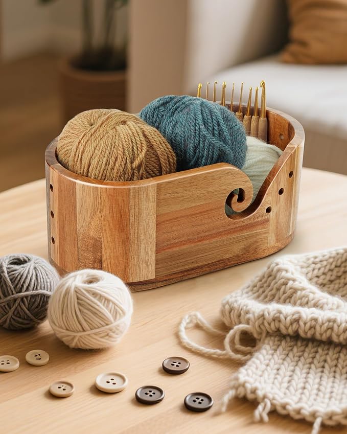 Oval Yarn Bowl, Crochet Yarn Holder with 9pcs Knitting Hooks, Yarn Storage Crochet Bowl Knitting for Crocheters, Large Yarn Bowl Acacia Wooden 11.3x5.9x4.7inch (Acacia Yarn Bowl)