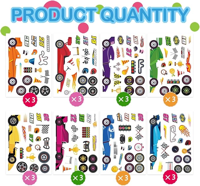 24 Sheets Car Stickers for Kids, Race Car Theme Waterproof Paper, DIY Race Car Stickers, Party Favors