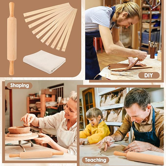 12 Pcs Pottery Tools Set, Include17in Slab Roller for Clay Pottery and 10 Pcs 5 Size Wooden Rolling Pin Guides, 1 Linen Tablecloth for Ceramic Clay Making